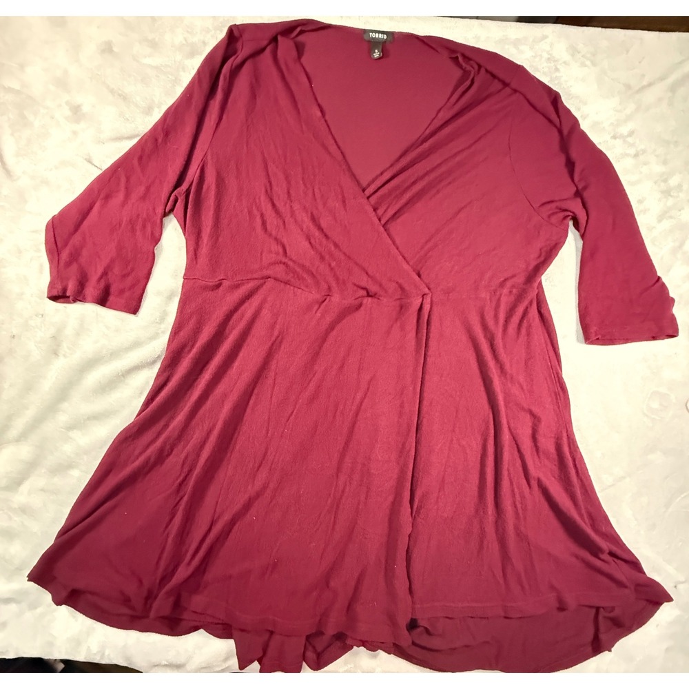 Torrid Women Burgundy Dress Plus Size 5 Faux Wrap 3/4 Sleeve V Neck Flared‎ Hem